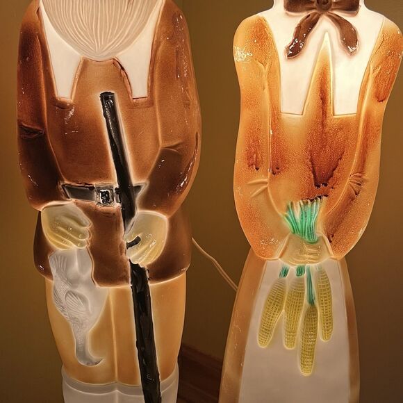 VTG Don Featherstone Blow Mold Pilgrim Couple Thanksgiving Light Up Man & Woman - Picture 8 of 16